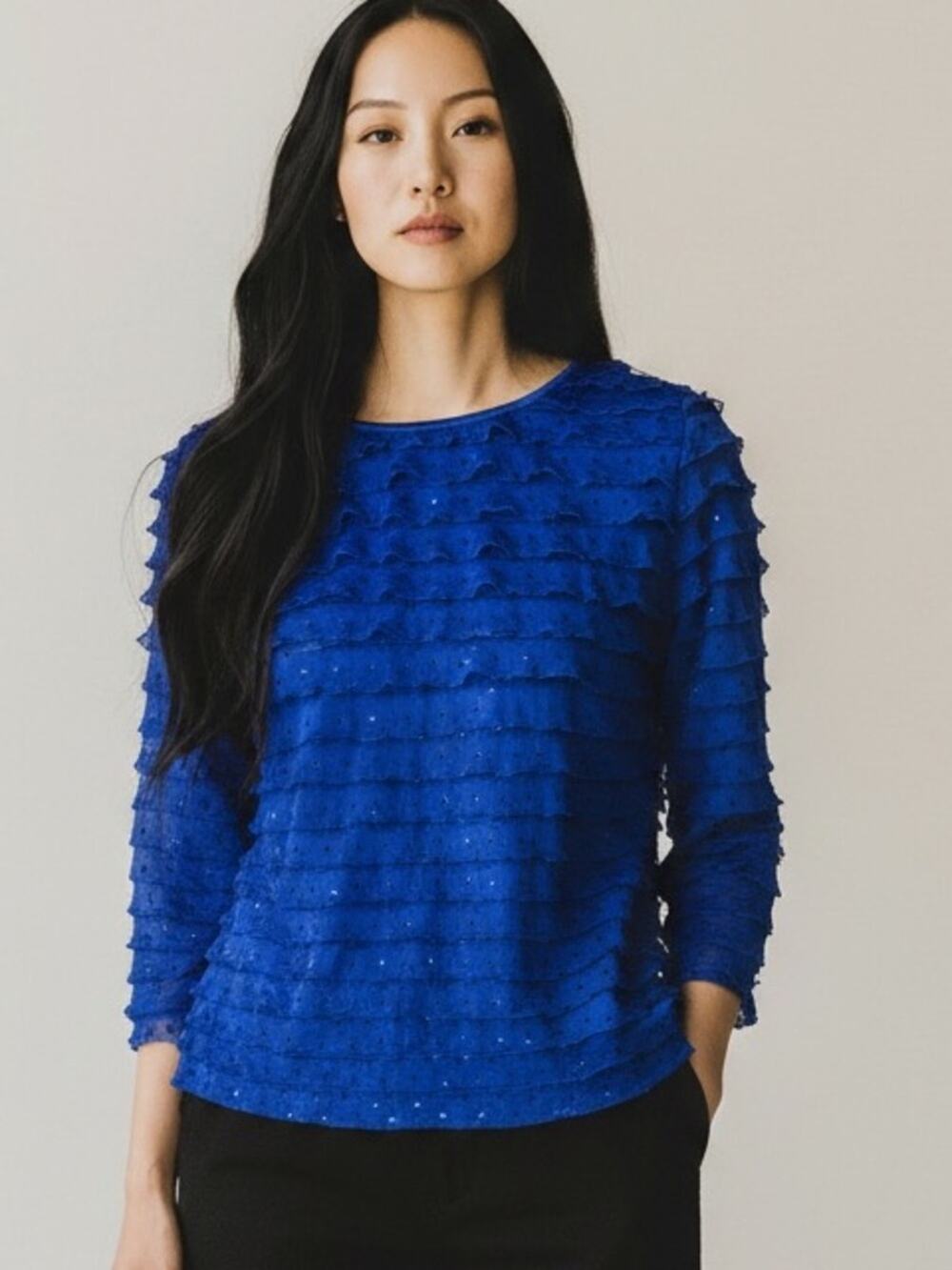 Elementz Petite Medium Royal Blue Ruffle Sequin Stretch Top Blouse